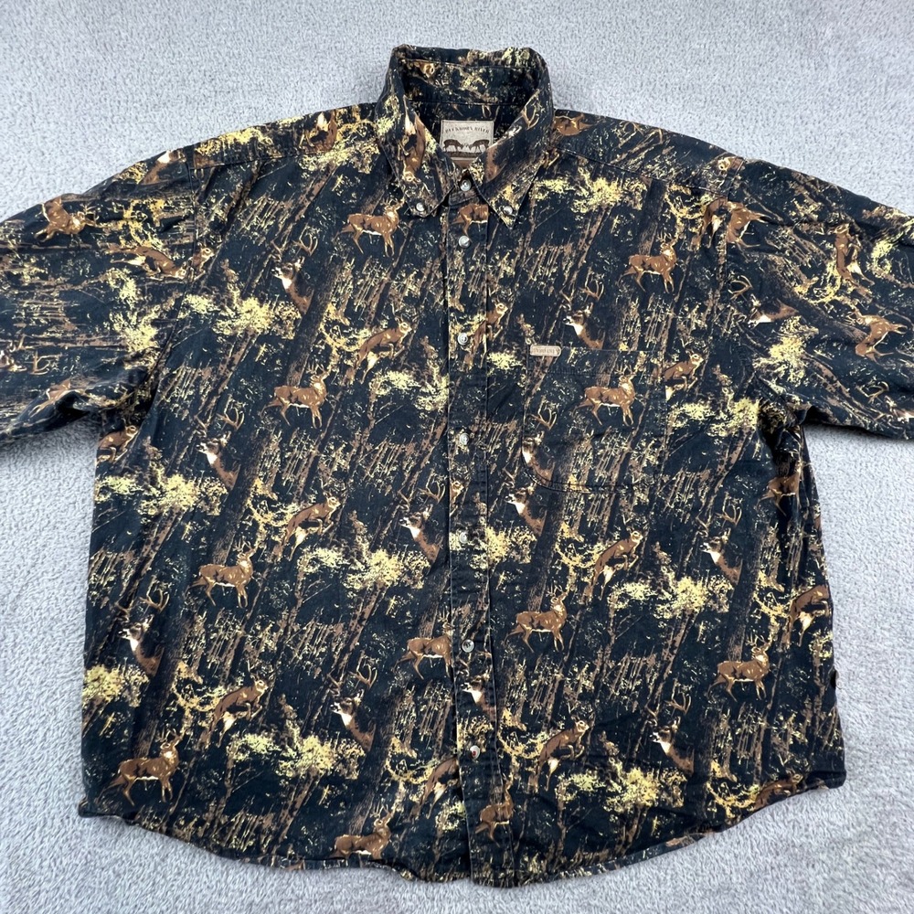 Mens XXL Deer Forest Print Cotton Button Down Shirt Hunting Brown Buckhorn River